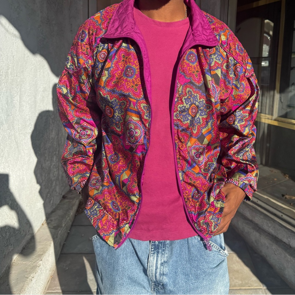 Vintage 80s Lavon Women’s L Quilted Paisley Print Zip Jacket Magenta Liner - Picture 1 of 8